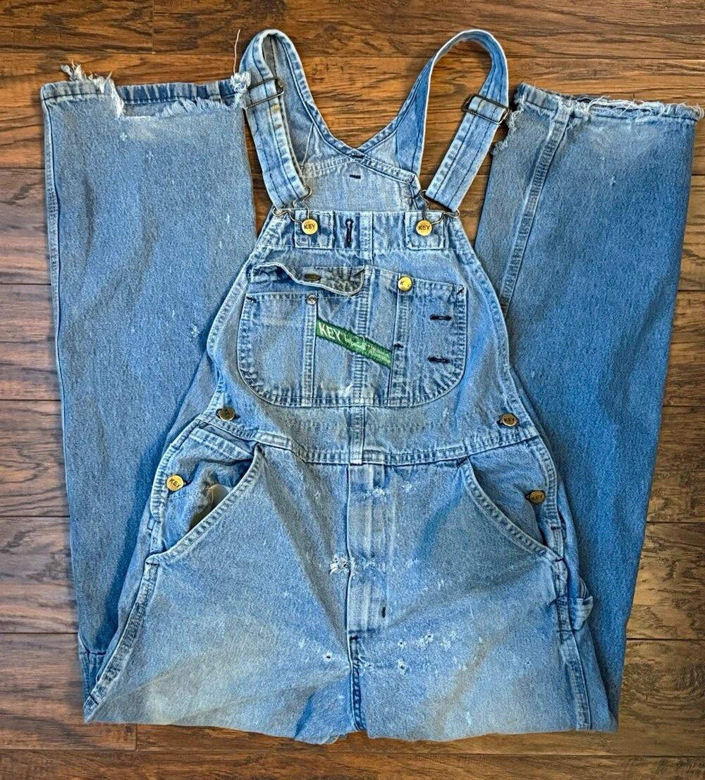 Key Imperial Denim Bib Overalls 30x32 Distressed Faded Carpenter Workwear